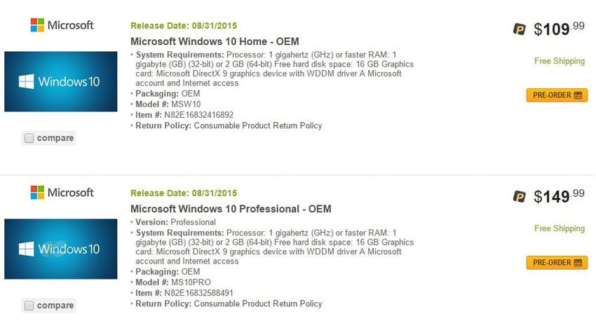 NewEgg May Have Revealed the Pricing for Windows 10 Home and Pro