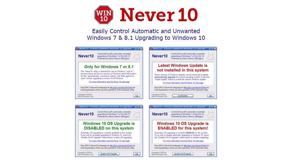 Steve Gibson's Never 10 Helps You Turn Off the Windows 10 Upgrade
