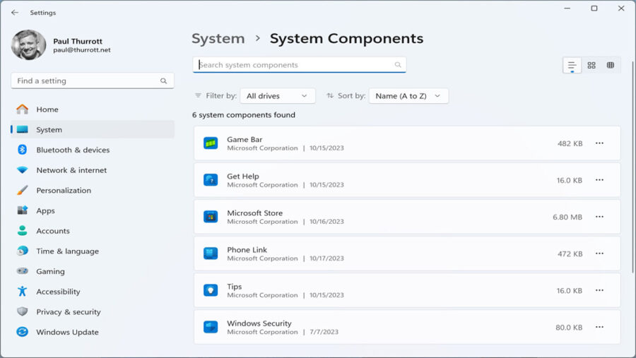 New System Components UI in Windows 11 23H2