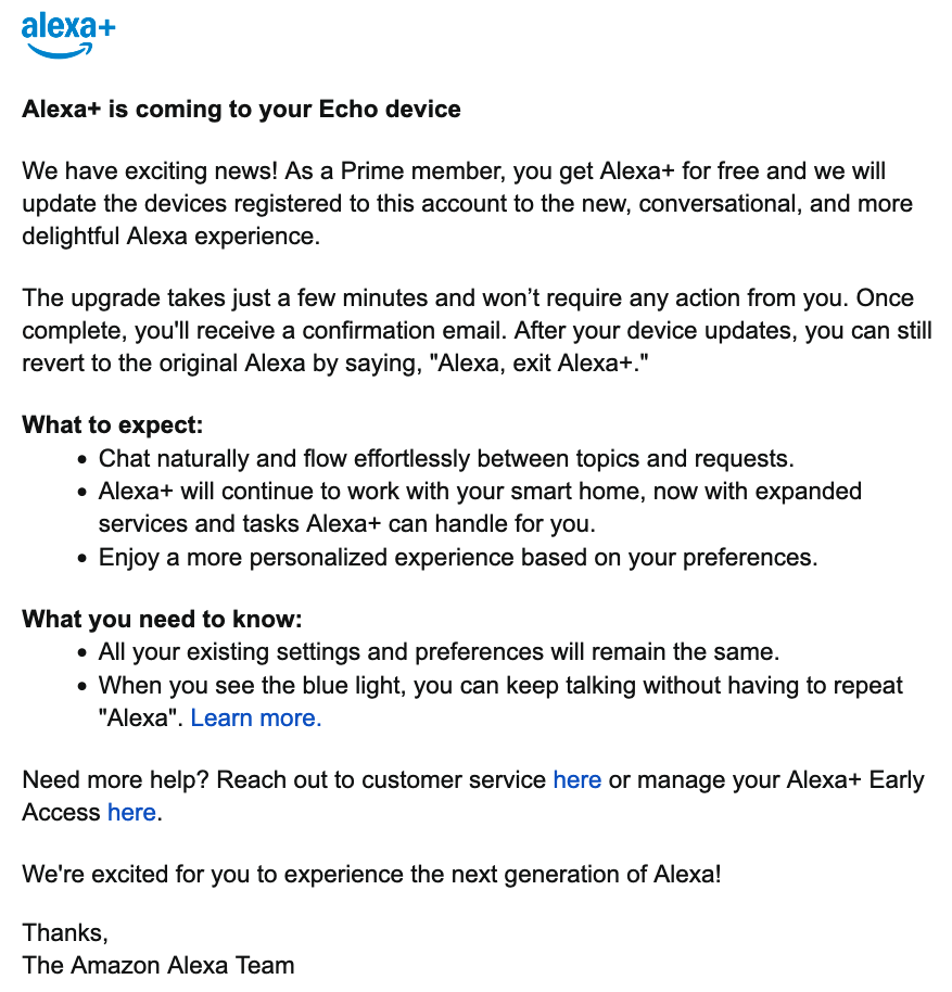 Amazon Alexa+ email to Prime members
