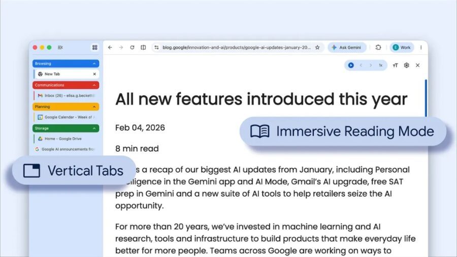 Google Chrome Immersive reader Vertical tabs