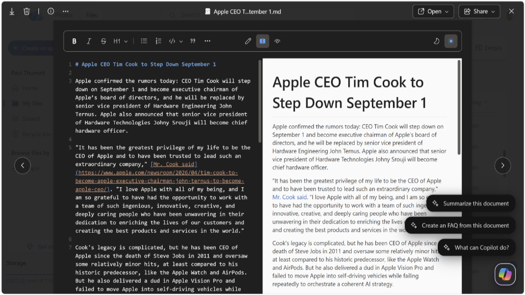 OneDrive Now Supports Markdown on the Web