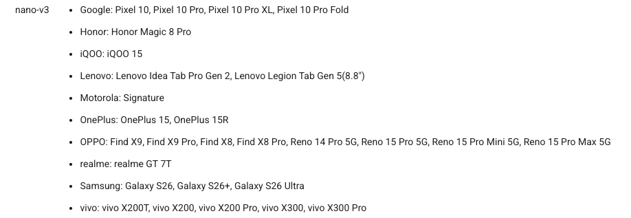 Google Gemini Nano v3 supported phones